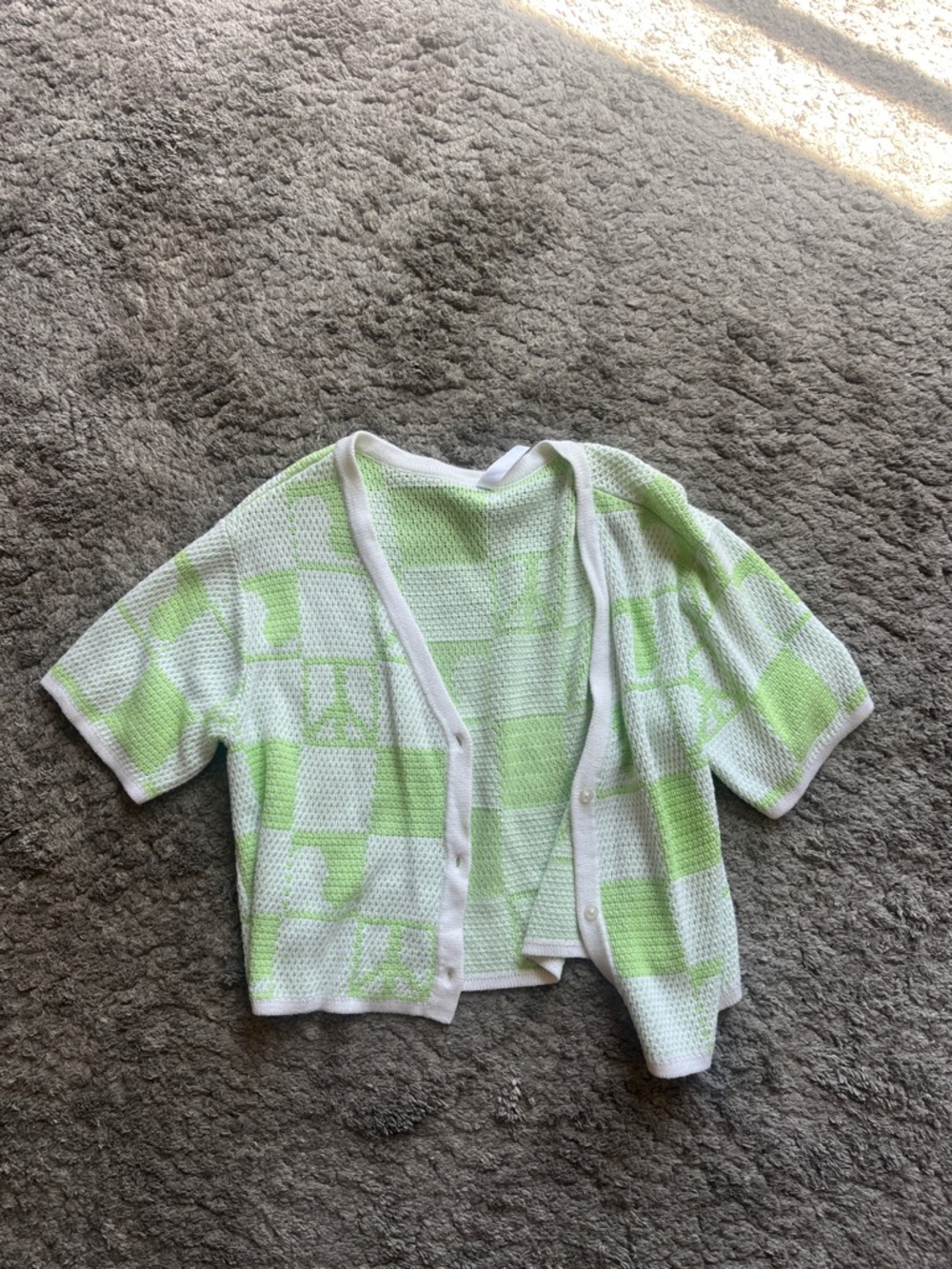RVCA White and Light Green Short Sleeve Knit Cardigan